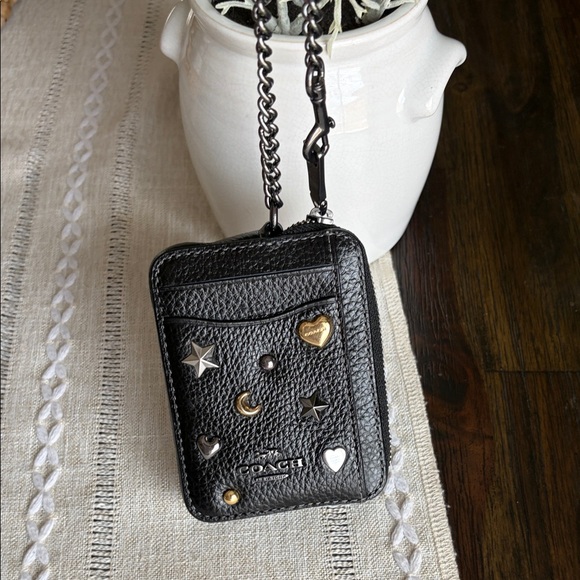 Coach Zip Card Case Black Pebbled Leather Card Case with Mixed Metal Charms - Picture 4 of 9